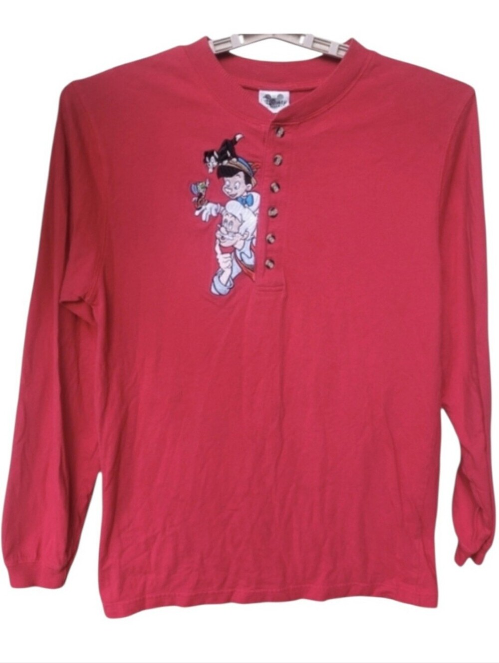 Disney Catalog Vintage Pinocchio Embroidered Henley Red Long Sleeve Size S